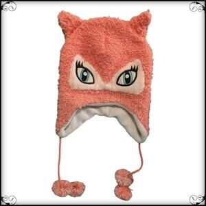 Fox Head Beanie Fleece Lined + Pom Poms Animal Hat Beanies
